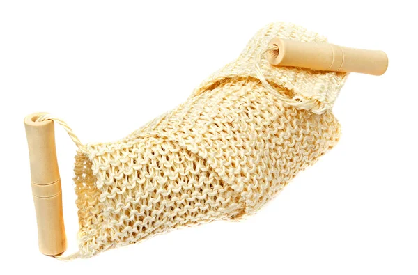Esponja de banho têxtil natural com corda e cabo de madeira — Fotografia de Stock