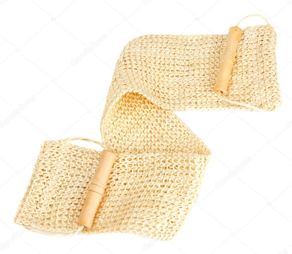 Natural textile bath sponge with rope and wooden handle