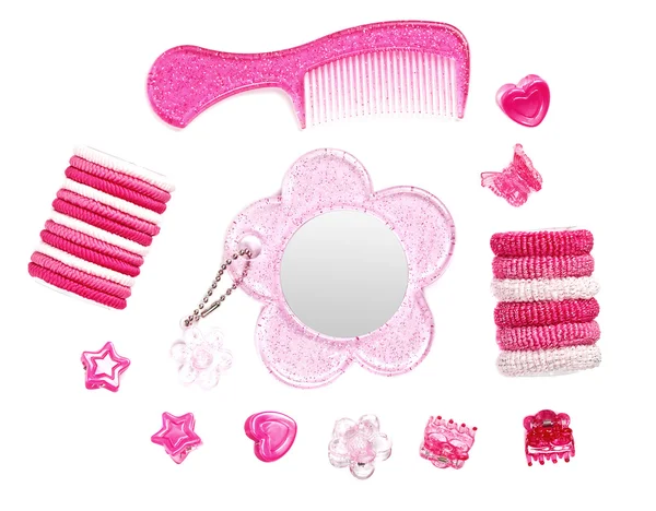 Childish pink hairstyle accessories collection isolated on white — Stock Photo, Image