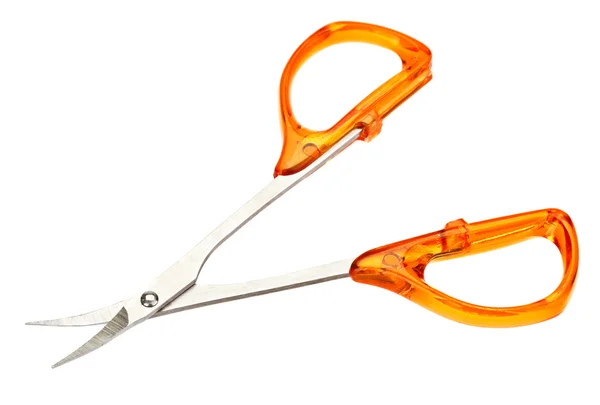 Small nail scissors with yellow plastic handles isolated on whit — Stock Photo, Image