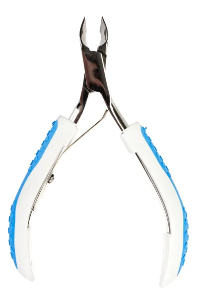 Metal manicure nippers with blue plastic handles isolated on whi — Stock Photo, Image
