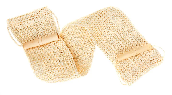 Esponja de baño textil natural con cuerda y mango de madera — Foto de Stock
