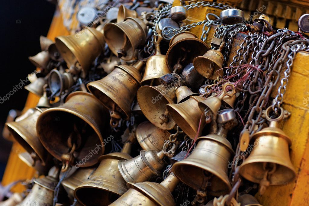 Many metal sacrificial bells hanging on chain, Kathmandu, Nepal — Stock ...