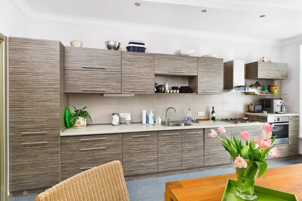 Estilo minimalismo moderno Interior da cozinha com pele cinza modelada — Fotografia de Stock