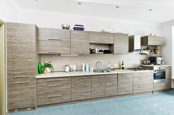 Estilo Minimalismo Moderno Interior Cozinha Com Mobiliário Cinza Estampado — Fotografia de Stock