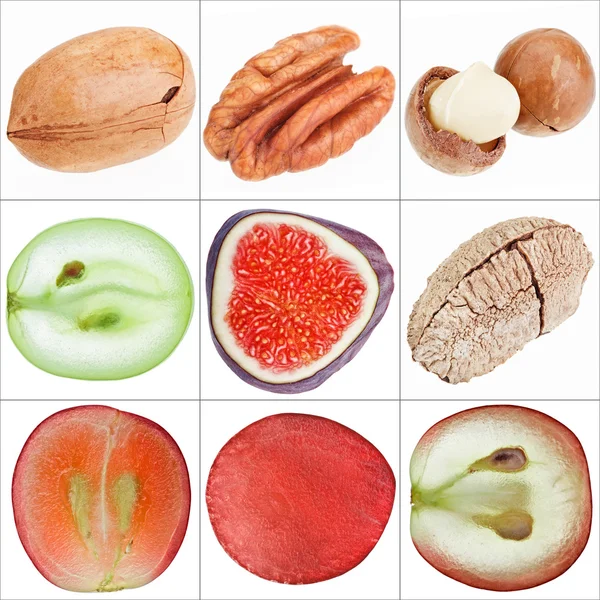 Коллаж из изолированных фруктов (орехи, виноград, инжир), мелкие макроснимки — стоковое фото
