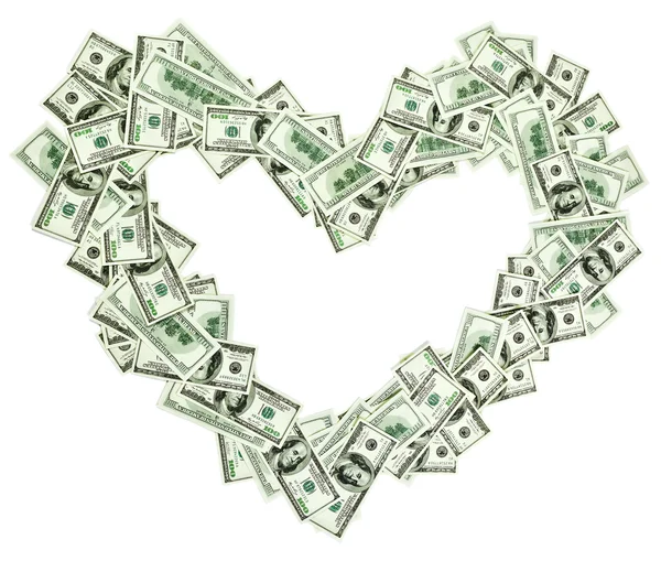 stock image Heart shaped empty frame made with many 100 dollar banknotes isolated on white