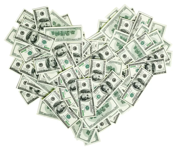 Birçok 100 dolarlık banknotlar ile yapılan işareti kalp şeklinde — Stok fotoğraf