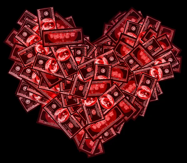 Rood hart teken gevormd met vele 100 dollar biljetten op zwart — Stockfoto
