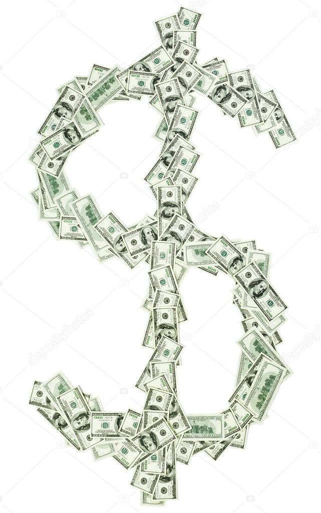 Dollar currency sign shaped with many 100 usd banknotes