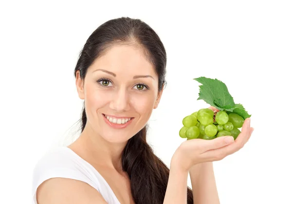 Young attractive woman with green grape cluster — Stock Photo, Image