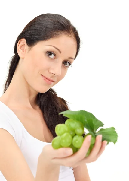 Young Attractive Woman Green Grape Cluster Isolated White — Stock Photo, Image