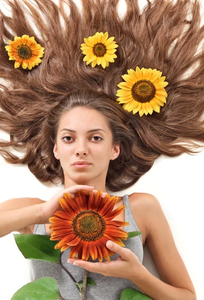 Young Beautiful Brunette Woman Scattered Long Hairs Sunflower White — Stock Photo, Image