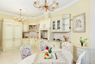 Classic style kitchen and dining room interior in beige pastoral clipart