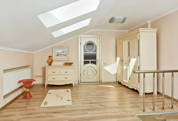 Moderno Estilo Art Deco Loft Quarto Interior Cores Bege Claro — Fotografia de Stock