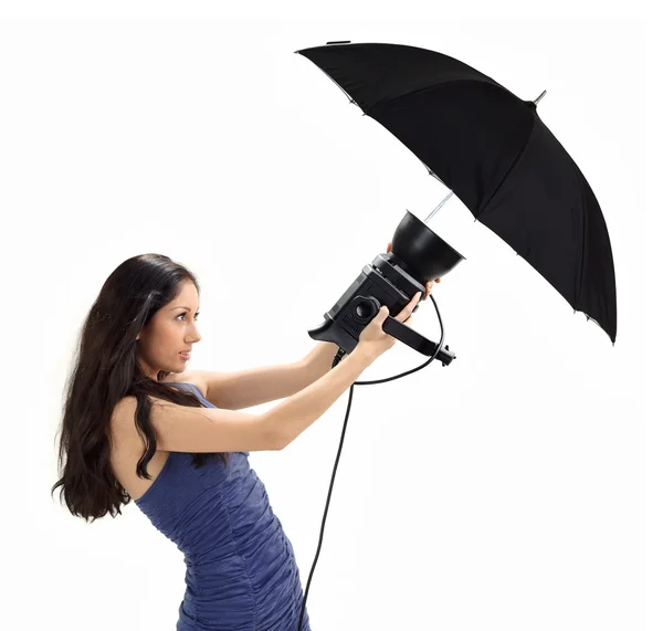 Young Pretty Lady Blue Dress Holding Studio Flash Umbrella Isolated — Stock Photo, Image