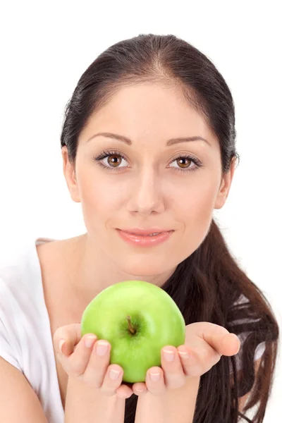 Fiatal, vonzó nő-, zöld alma — Stock Fotó