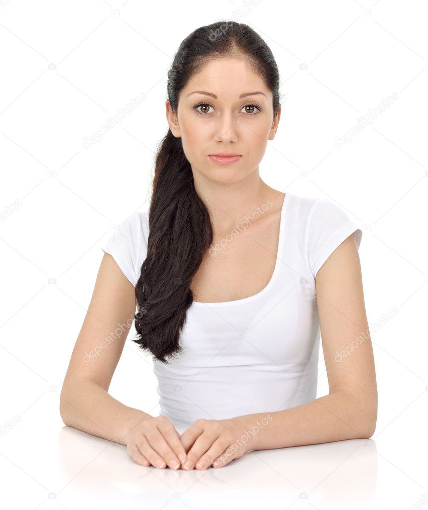 Young beautiful lady with big eyes sensitive looking at camera isolated on white