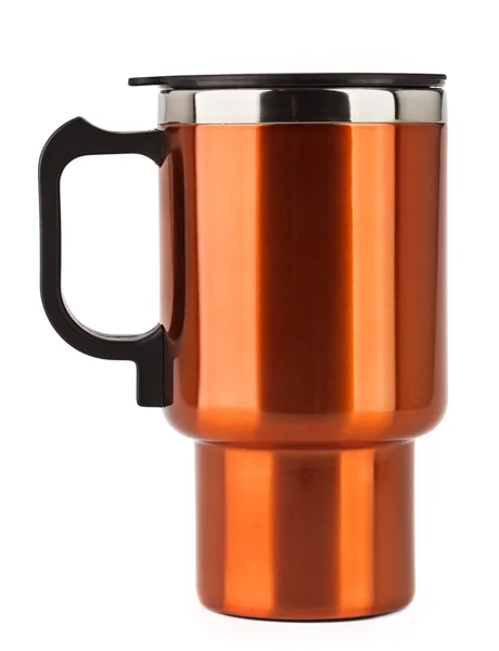 stock image Orange thermos mug with black handle isolated on white