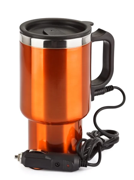 Orange Electric Thermos Mug Auto Volt Lighter Isolated White — Stock Photo, Image