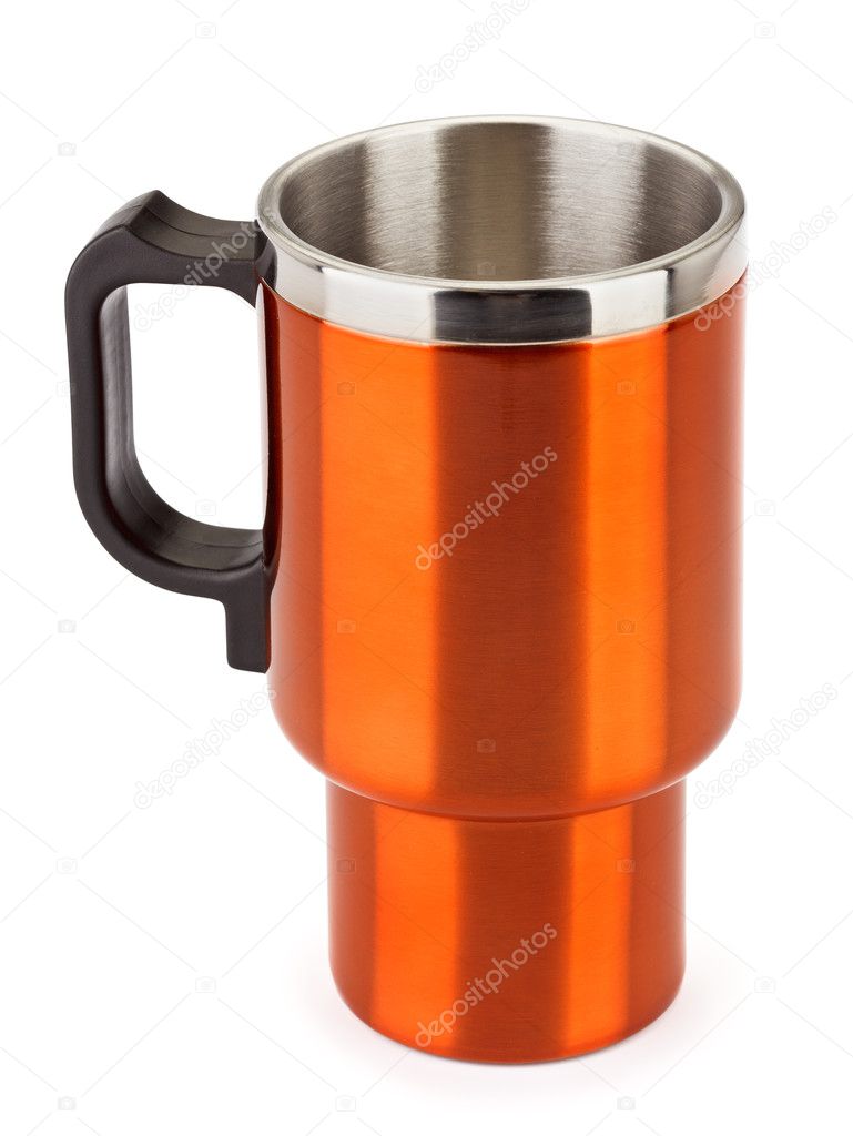 Orange thermos mug with black handle isolated on white