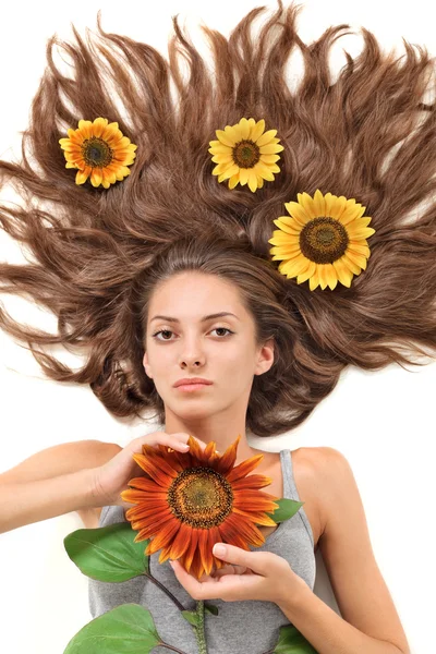 Young Beautiful Brunette Woman Scattered Long Hairs Sunflower White — Stock Photo, Image
