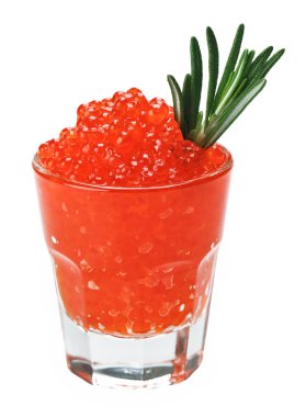 Red salmon caviar in a glass with rosemary leaf isolated on white clipart