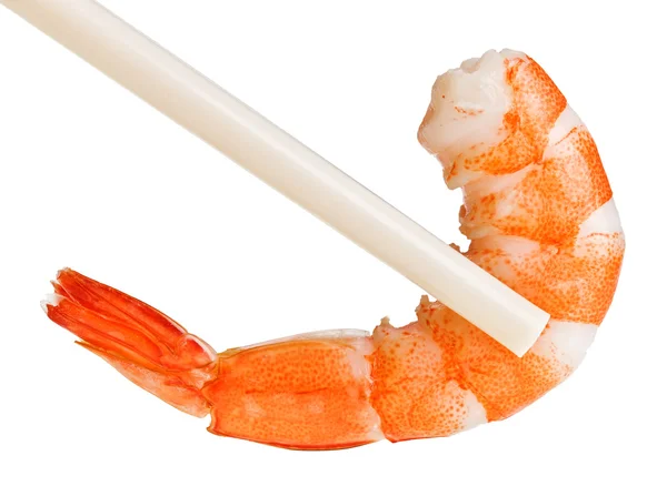 Cooked Unshelled Tiger Shrimp Chopsticks Isolated White — Stock Photo, Image