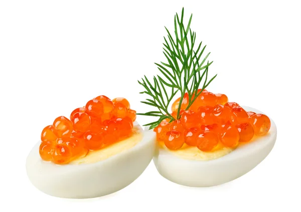 Canapé Caviar Rojo Con Huevo Codorniz Ramita Eneldo Aislado Macro — Foto de Stock