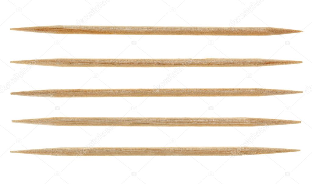 Five single toothpicks, isolated on white