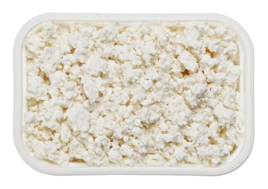 Cottage cheese (curd) in small square plate, isolated on white clipart