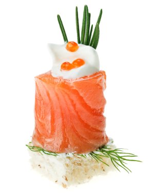 Elegant canape with salmon roll, toast, rosemary twig and caviar