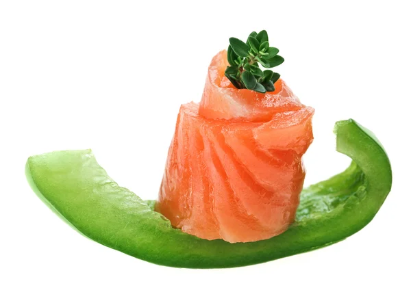 Elegant canape with salmon roll, paprika and thyme — Stock Photo, Image