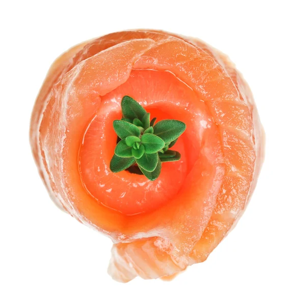 Red Salmon Roll Thyme Twig Isolated White — Stock Photo, Image
