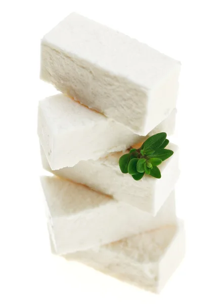 Κύβους Τυρί Φέτα Θυμάρι Κλαδί Απομονωμένα Λευκό — Φωτογραφία Αρχείου