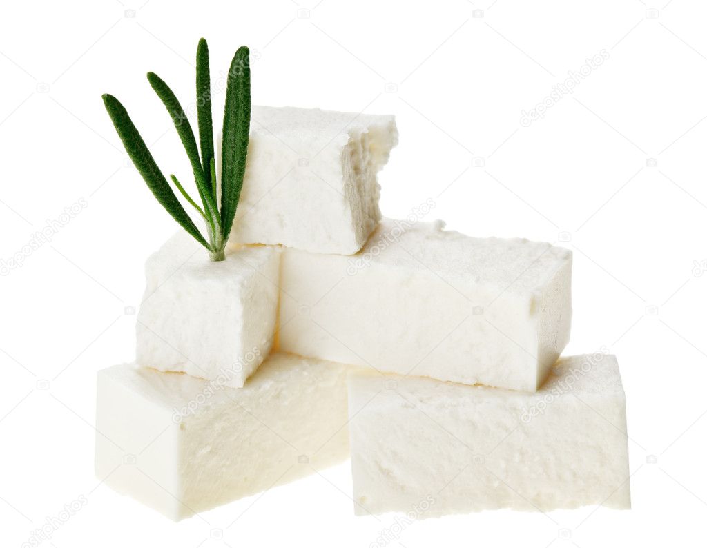 Feta cheese cubes with rosemary twig