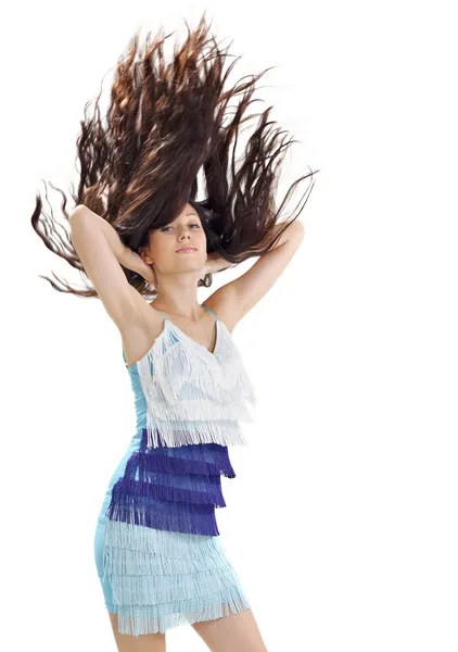Young Pretty Lady Blue Dress Long Hairs Flying Upwards Studio — Stock Photo, Image