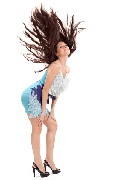 Молода Красива Леді Блакитній Сукні Довгими Волоссям Літає Вгору Студійний — стокове фото