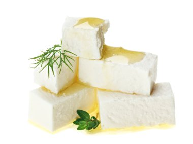 Feta cheese cubes with thyme twig and oil drops clipart