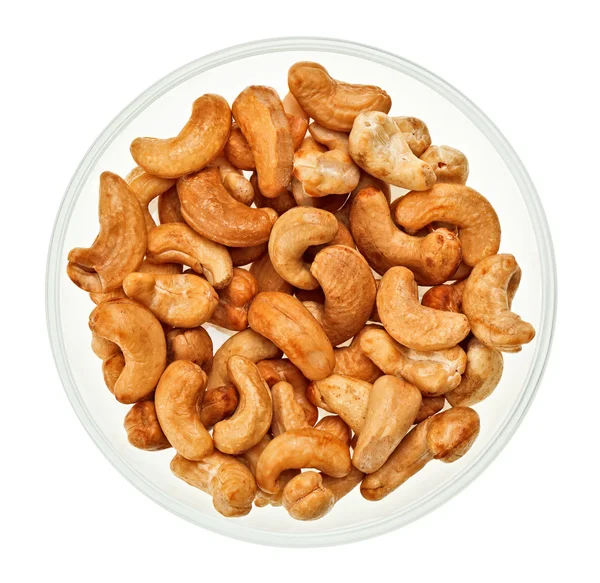 Unshelled Cashew Nuts Glass Bowl Isolated White — Stok fotoğraf