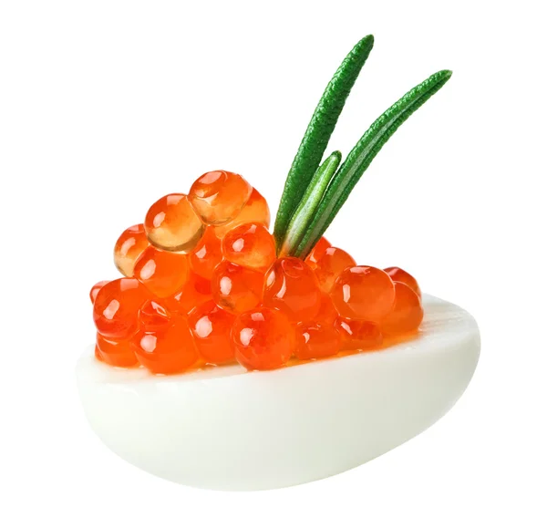 Red Caviar Canape Quail Egg Rosemary Twig Isolated White Macro — Stock Photo, Image