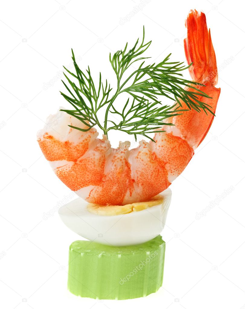Shrimp canape with quail egg and dill twig, isolated on white macro