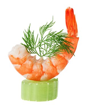 Shrimp canape with celery and dill twig
