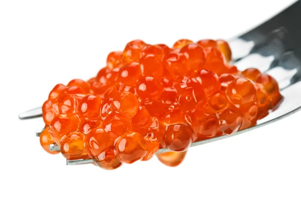 Montón de caviar de salmón rojo sobre tenedor metálico — Foto de Stock