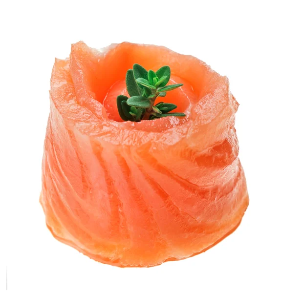 Red salmon roll with thyme twig — Stock Photo, Image
