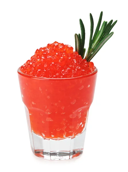Caviar de salmón rojo en un vaso con romero — Foto de Stock