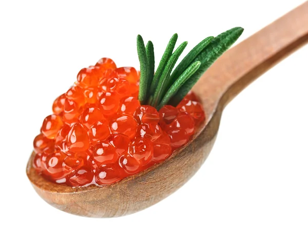 Red salmon caviar heap in wooden spoon with rosemary leaf — Stock Photo, Image