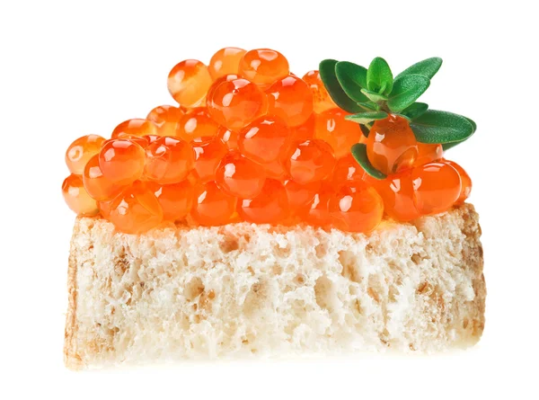 Red caviar sandwich with thyme twig — Stock Photo, Image