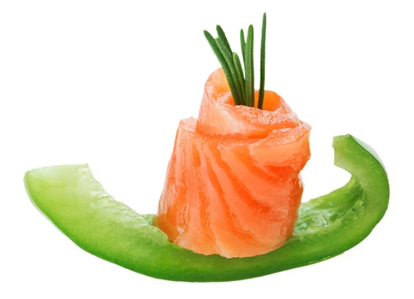 Elegant canape with salmon roll, paprika and rosemary twig — Stock Photo, Image