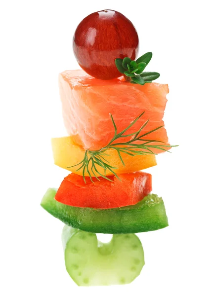 Elegant canape with salmon fish, celery, dill twig and grape — Stock Photo, Image